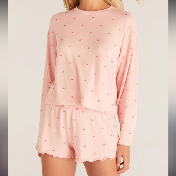 Z Supply Other - SET - z supply pink happy hearts long sleeve top & matching shorts